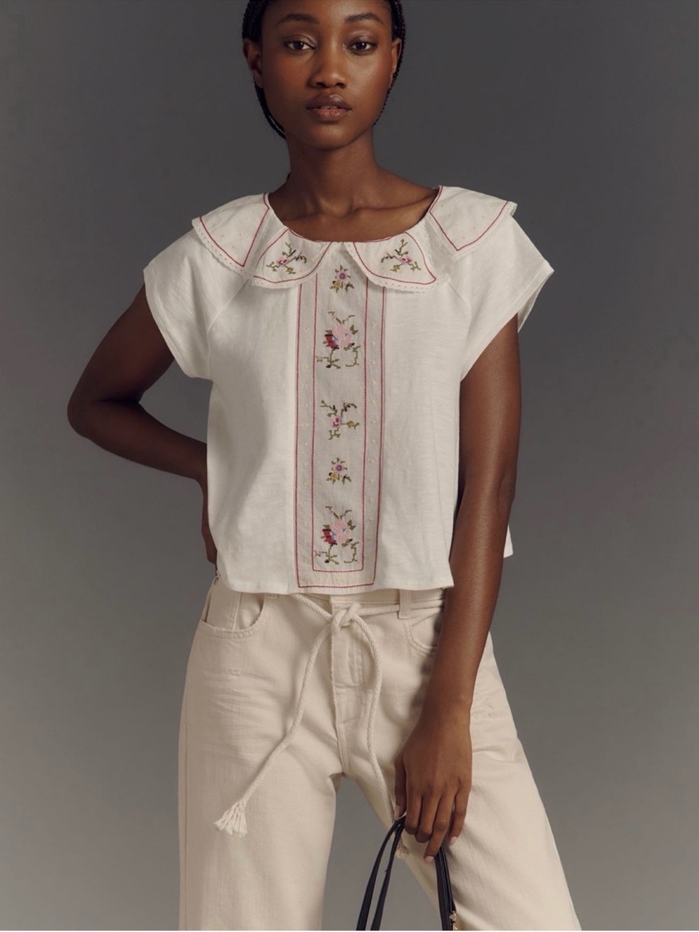 Anthropologie White Blouse with Pink & Green Embroidered Peter Pan Collar